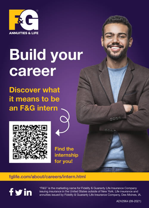 postcard for building your career as an F&G intern featuring a student dressed in business casual and a QR code